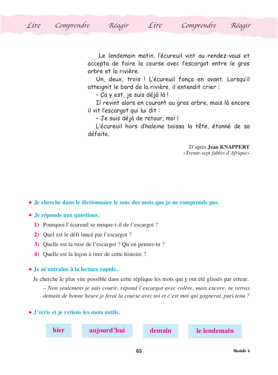 Page 63 du manuel : fin du texte, questions de compréhension et lecture rapide